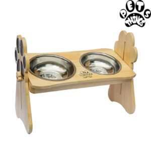 Comedero Alto para Perro Ajustable Huellas 2 Platos